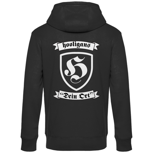 Premium Hoodie "Hooligans - Badge" (personalisierbar) (Backprint)